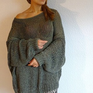 Retro Steel knit sweater, Slouchy oversized bohemian long sweater, Knit bulky cotton sweater, Knit khaki sweater jumper, Made to order imagem 5