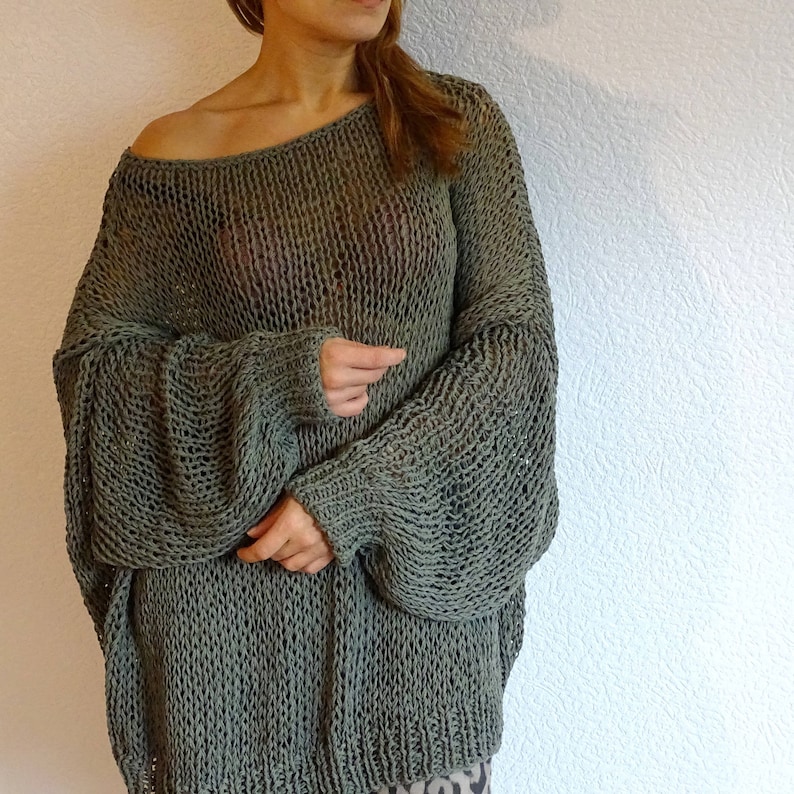 Retro Steel knit sweater, Slouchy oversized bohemian long sweater, Knit bulky cotton sweater, Knit khaki sweater jumper, Made to order imagem 5