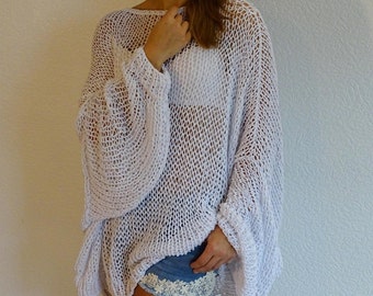 White oversized sweater, Hand Knit cotton summer sweater, Mesh white sweater, See through tunic, Loose white fishnet sweater, Made to order