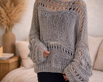 Grey Sheer Cotton Knit Sweater Bohemian Slouchy Jumper Oversizded Loose Knit Summer Top
