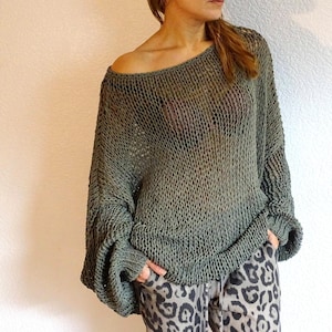Retro Steel Oversized Slouchy Sweater Bohemian Long Cotton Knit Loose Fits Jumper Sweater Bulky Knit Khaki Green Pullover Made to order