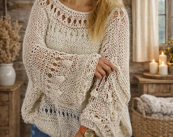 Hand Knit Cotton Boho Sweater Bell Sleeves Festival Top Slouchy Oversized Loose Fits Jumper