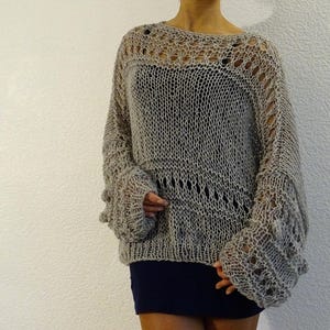 Grey sheer sweater Mesh loose knit slouchy long sleeves sweater Loose knit oversized sweater Bohemian slouchy style jumper Made to order