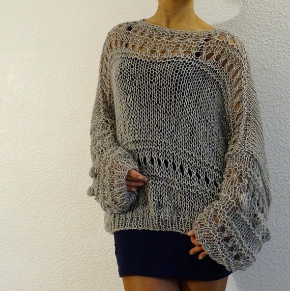 andequal peplum shaggy knit bustier グレー Grey Sheer Sweater Mesh Loose Knit Slouchy Long Sleeves