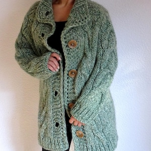 Hand Knit Chunky Cable Cardigan Sage Green Wool Blend Oversized Fit