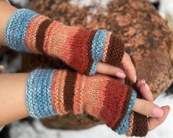 Prêt à expédier, style Boho tricoté sans doigts, gants en laine de soie alpaga, mitaines tricotées, gants à doigts ouverts, chauffe-mains