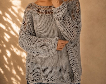 Pearl Gray Oversized Knit Sweater | Loose Cotton Boho Tunic | Slouchy Coastal Pullover