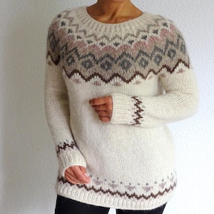 Hand Knit Icelandic Wool Sweater – White Nordic Fair Isle Pullover – Soft Winter Jumper for Women – Cozy Gift – Made to order - Gift ideas