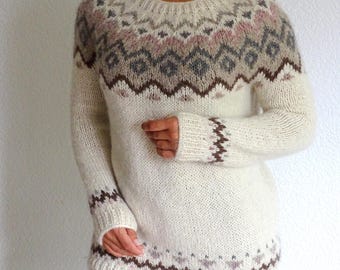Hand Knit Icelandic Alpaca Wool Sweater Fair Isle Nordic Yoke Pullover