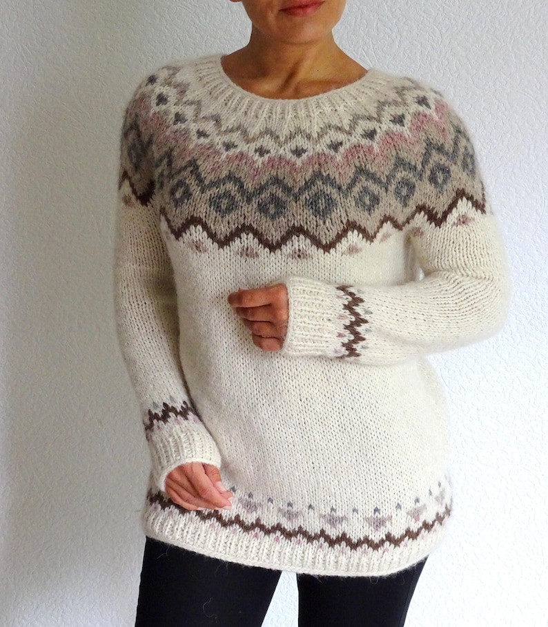 Hand Knit Icelandic Wool Sweater – White Nordic Fair Isle Pullover – Soft Winter Jumper for Women – Cozy Gift – Made to order - Gift ideas