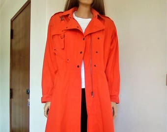 Vintage red american Wolfgang Kaiser trench coat, large size, long trench coat,  large collar, canvas coat, gift for her, 80's raincoat