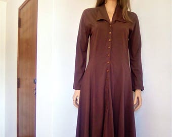 Long brown vintage dress with buttons, long sleeve dress, waisted dress, gift for her, vintage dress, 90's style, wear as dress or jacket