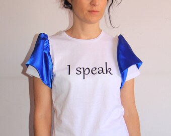 Throat Chakra t-shirt, gift for her, blue balloon sleeve,  spiritual women t-shirt, I speak statement t-shirt, white elegant unique mystic
