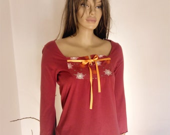 Boho long sleeved top, 90's top with satin ribbon, hippie  sweater, bell sleeves top, festival women top, gipsy top, boho top, copper top