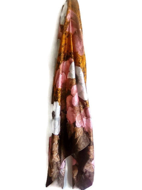 Handkerchief, Scarf with flowers, brown pink whit… - image 3