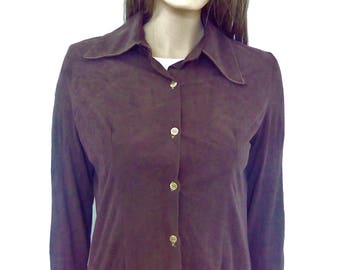Brown vintage velvet women's shirt, 90's, long sleeve soft warm shirt, large collar, waisted elegant shirt, Gift for her, women fashion