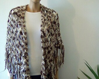 Brown beige wool shawl, vintage 90's shawl, warm shawl, gift for her, dapple women's mantle, long wrap, PatriciaMatiasShop, fringes shawl