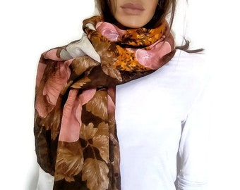 Handkerchief, Scarf with flowers, brown pink white elegant classic wrap, soft beautiful colours, beautiful  painting pattern, Gift for her