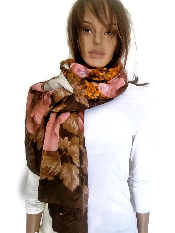 Handkerchief, Scarf with flowers, brown pink whit… - image 1