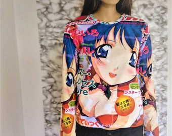 Manga art sweater, manga art, women sweater, long sleeve cartoon sweater, asian sweater, round neck women top, size M jumper, gift for her