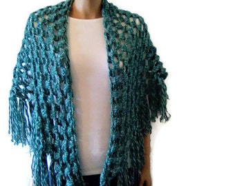 Green wool crochet shawl, women shawl, handmade shawl, wrap shoulders, fashion accessories, winter wrap, gift for her, fringe wrap