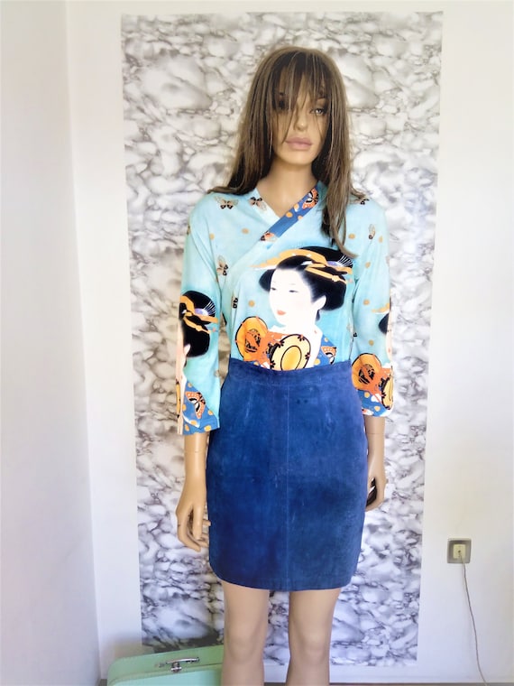 Blue leather skirt, leather skirt, suede leather s