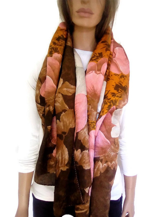 Handkerchief, Scarf with flowers, brown pink whit… - image 2