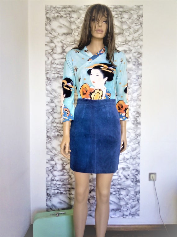 Blue leather skirt, leather skirt, suede leather … - image 2
