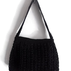Black crochet vintage handbag, 90&#39;s  boho chic handbag, macrame style shoulder bag, zip, black lined bag, gift for her, PatriciaMatiasShop