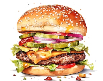 Clipart hamburger - 40 fichiers JPG de haute qualité - téléchargement numérique - fabrication de cartes, techniques mixtes, création numérique en papier