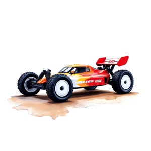 May include: A red, orange, and white remote-controlled buggy with large black tires and a rear spoiler. The buggy has the word "CIES" printed on the side. The wheels have white centers. The buggy is on a light brown surface.