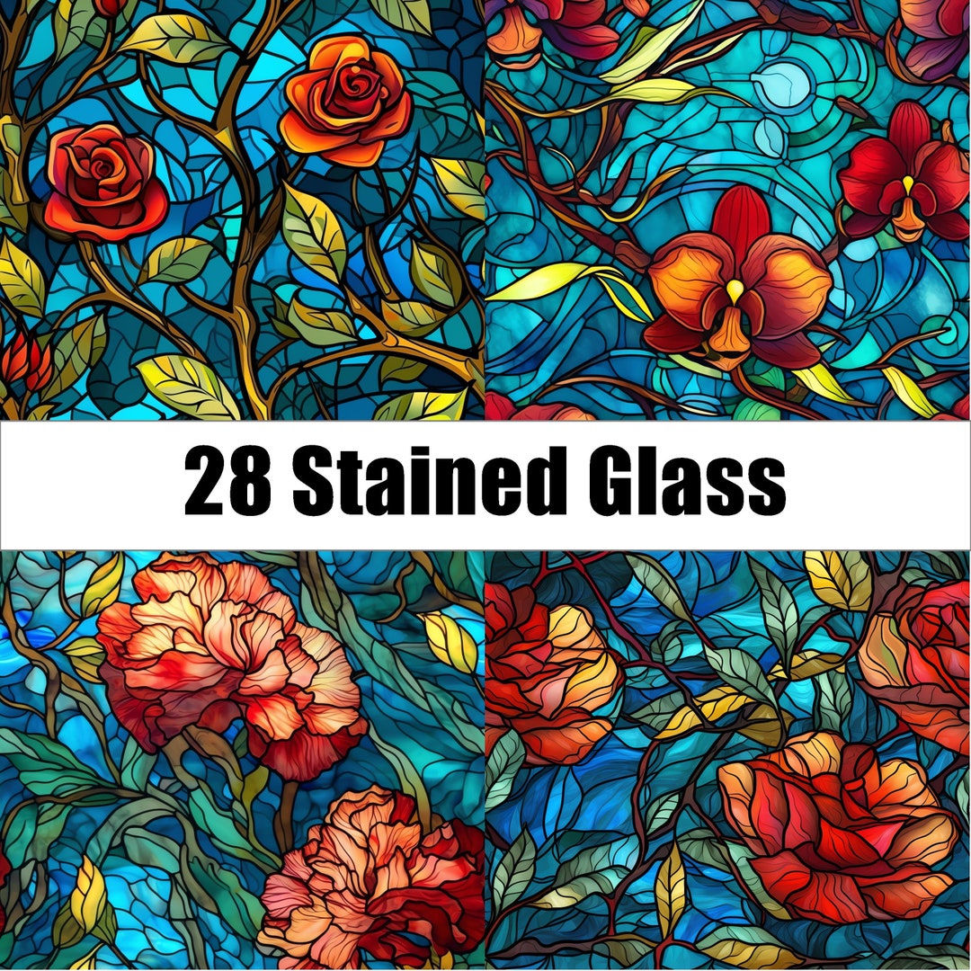 28 Stained Glass Flowers Seamless Patterns - Digital Paper Set, Red and ...