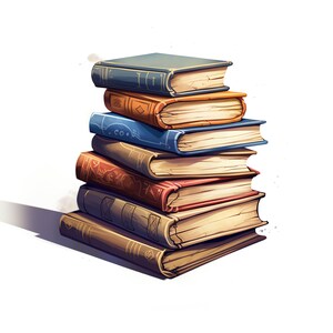 May include: A stack of seven vintage books with worn leather covers and gold lettering. The books are arranged in a pyramid shape with the largest book on the bottom and the smallest book on top.