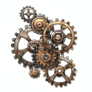 Peut inclure: Un ensemble de six engrenages métalliques imbriqués dans des tons de brun et d'argent. Les engrenages sont disposés en cercle, le plus grand en bas et le plus petit en haut.