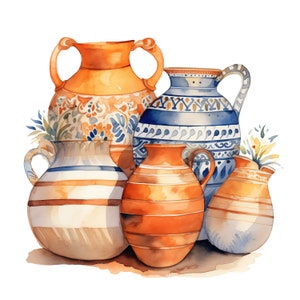 May include: A collection of four ceramic pottery vases with various patterns and colors. The vases are decorated with blue, white, orange, and brown stripes and designs.