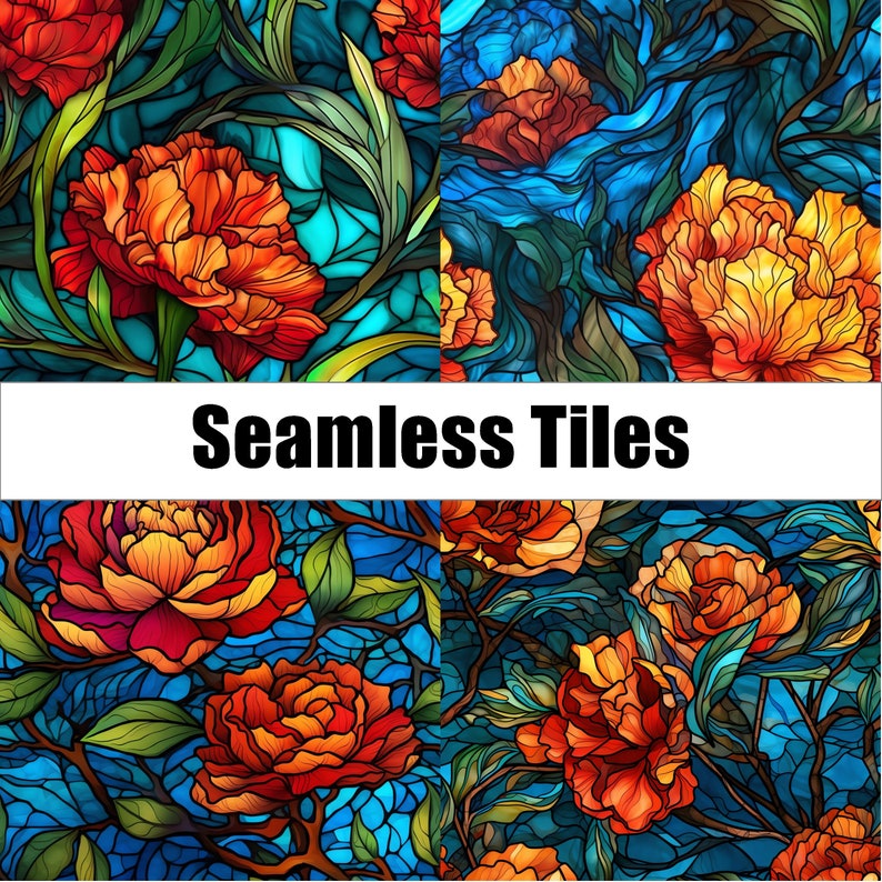 28 Stained Glass Flowers Seamless Patterns Digital Paper Set, Red and ...