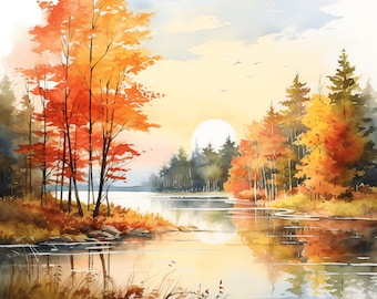 秋の風景水彩画バンドル - 50 の高品質 PNG - 即時ダウンロード - カード作成、印刷可能なアート、デジタル ペーパー PNG