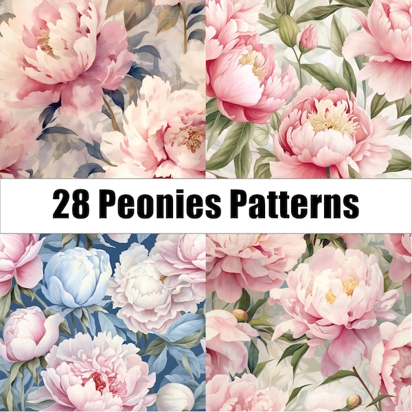 28 Peonies Seamless Patterns - Watercolor  Digital Paper Set, Vintage Flowers Junk Journal Paper, Printable Floral Peonies, Scrapbooking