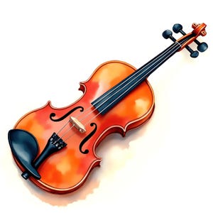 Può includere: Un violino di legno con corpo marrone e corde nere. Il violino è a fuoco e lo sfondo è sfocato.