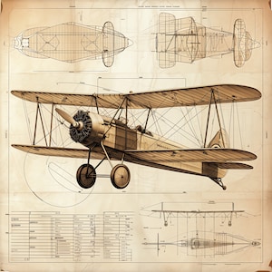 May include: A vintage blueprint illustration of a biplane aircraft. The drawing shows the plane in flight, with detailed views of the wings, fuselage, and engine. The blueprint is on a beige background with a table of specifications.