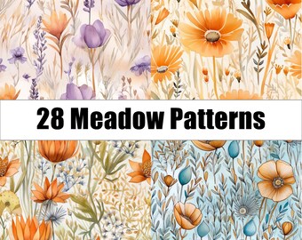 Könnte beinhalten: 28 Aquarell-Wiesenmuster mit verschiedenen Blumen, Blättern und Stielen in Blautönen, Grün, Gelb, Orange und Lila. Die Muster sind in einem Raster angeordnet.