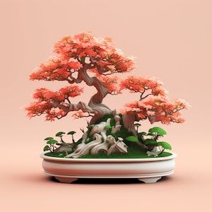 Könnte beinhalten: Ein Bonsai-Baum mit rosa Blättern in einem weißen Keramiktopf. Der Baum wächst aus einer Felsformation mit grünem Moos und kleinen Bäumen.