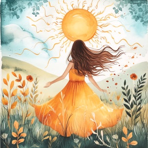 May include: A watercolour painting of a woman with long brown hair wearing a yellow dress and walking through a field of flowers towards a bright yellow sun.