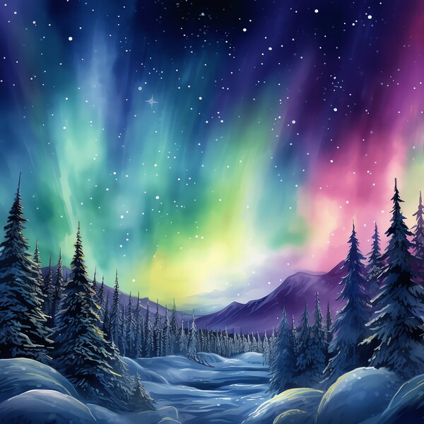 Pacchetto PNG paesaggio aurora boreale - 50 PNG di alta qualità - Download istantaneo - Creazione di cartoline, carta digitale artistica stampabile PNG Aurora Borealis