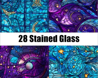 28 Celestial Stained Glass Seamless Patterns - Digital Paper Pack for Scrapbooking, Invitations, Stationery, Backgrounds