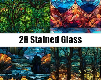 28 Nature's Splendor Stained Glass Seamless Pattern Digital Paper Pack - Scrapbooking, Invitations, Stationery, Backgrounds