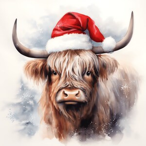 Paquete de 46 imágenes prediseñadas de vaca de las tierras altas de Navidad PNG de alta calidad: descarga instantánea: creación de tarjetas, arte imprimible, papel digital Sombrero de Papá Noel PNG