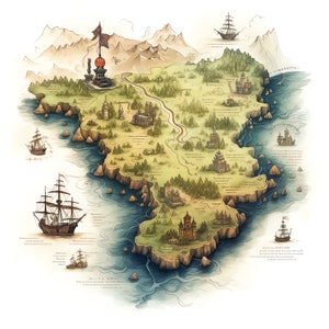 Mapa pirata vintage com clipart de texto de fantasia - 45 JPGs de alta qualidade - Download digital - Criação de cartões, mídia mista, artesanato em papel digital