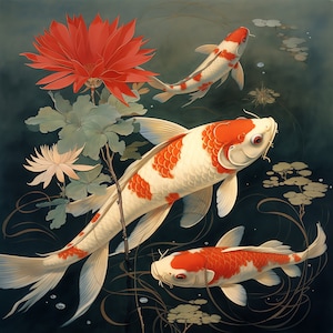 Koi Fish Clipart - 40 High Quality JPGs - Digital Download - Card Making, Digital Paper, Japanese Woodblock, Japanese Junk Journal, Koi Art