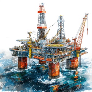May include: A large, gray and red offshore oil rig with multiple cranes and a helipad, sitting in a blue and white watercolor-style sea.